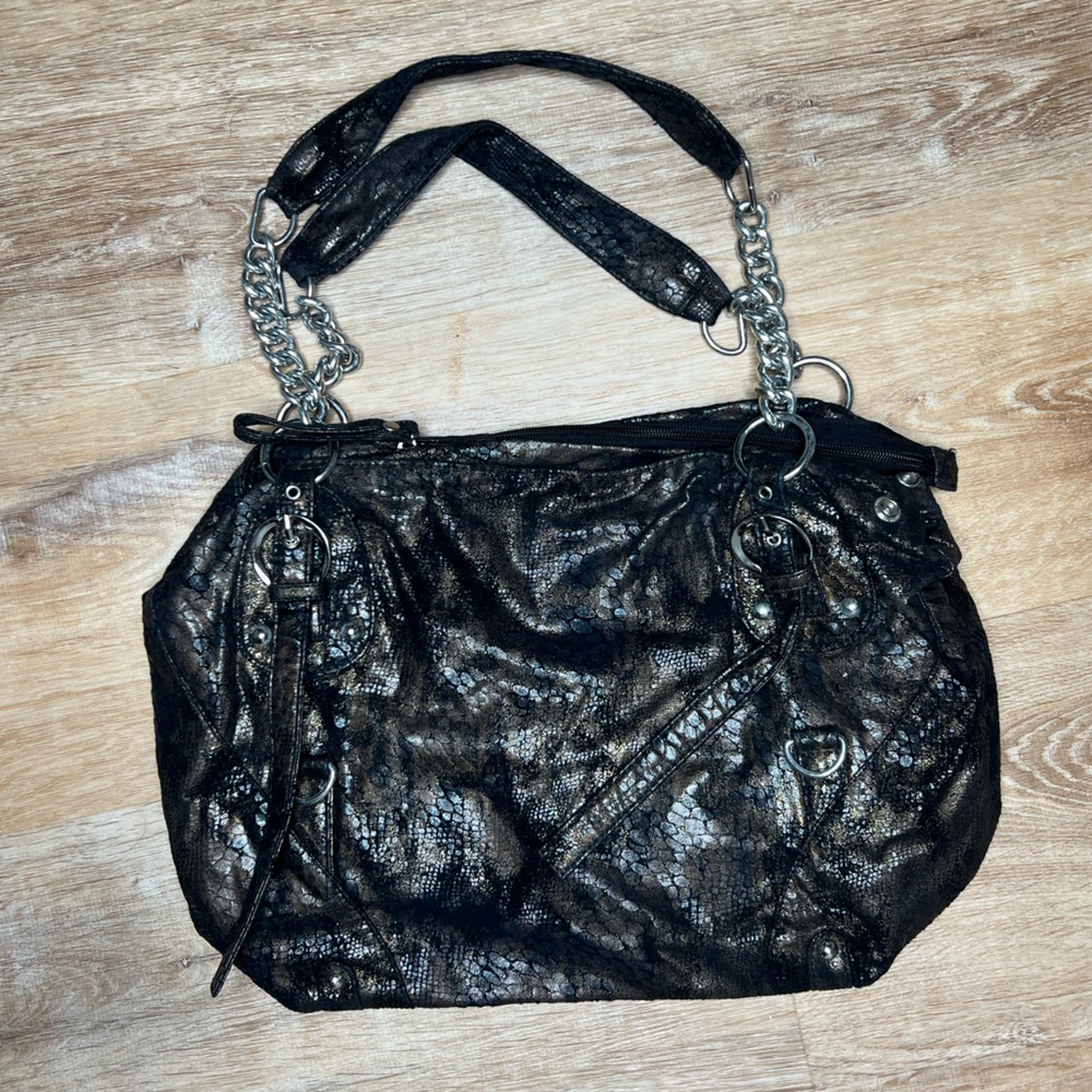 BULAGGI hobo bag. Chain straps and snakeskin exterior. Multiple pockets inside.